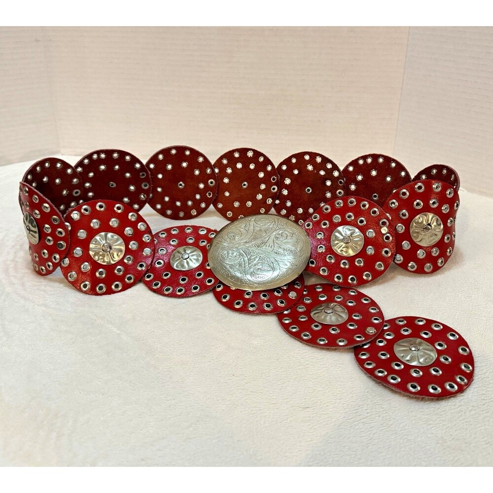Vtg Dairi Red Leather Disc Link Belt Silver Tone Studded Concho Medallion Boho